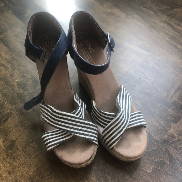 Toms Shoes - TOMS Espadrille Blue & White Wedge Sandals 7.5